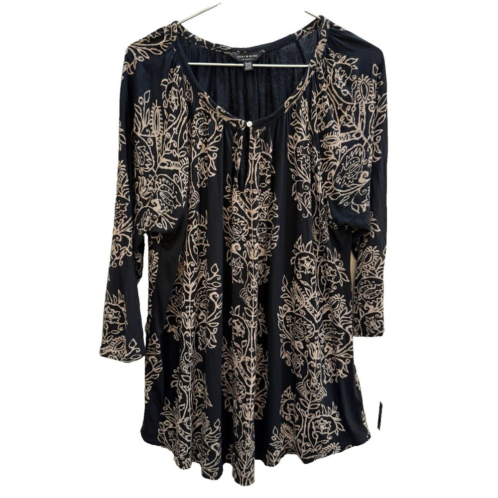 Lucky Brand Woman's Top Sz 1X Black Beige Boho Keyhole Neck Viscose Blouse